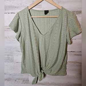 Anthropologie W5 Sage Green Open Weave Tie Shirt Boho Short Sleeve Womens Medium